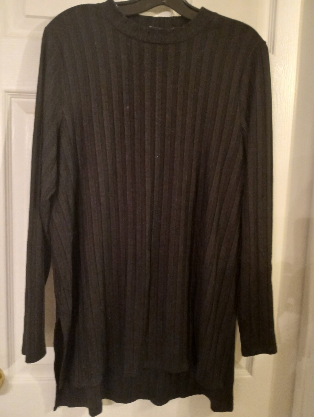 Eileen Fisher Black Ribbed Tencel Knit Crewneck Tunic Top Sweater Size L
